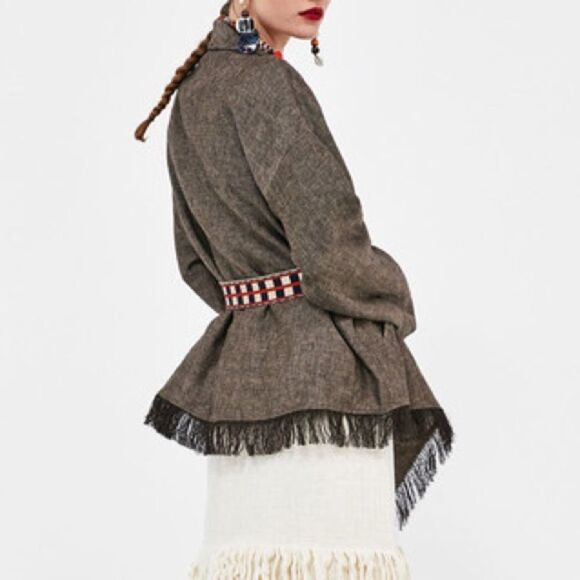 ZARA Boho Linen Wrap Cardigan Blazer Jacket Brown XS/S - Picture 6 of 14